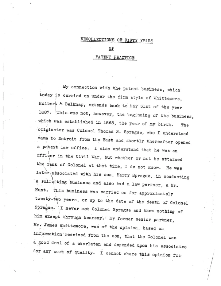 The first typewritten page of Recollections of Fifty Years of Patent Practice